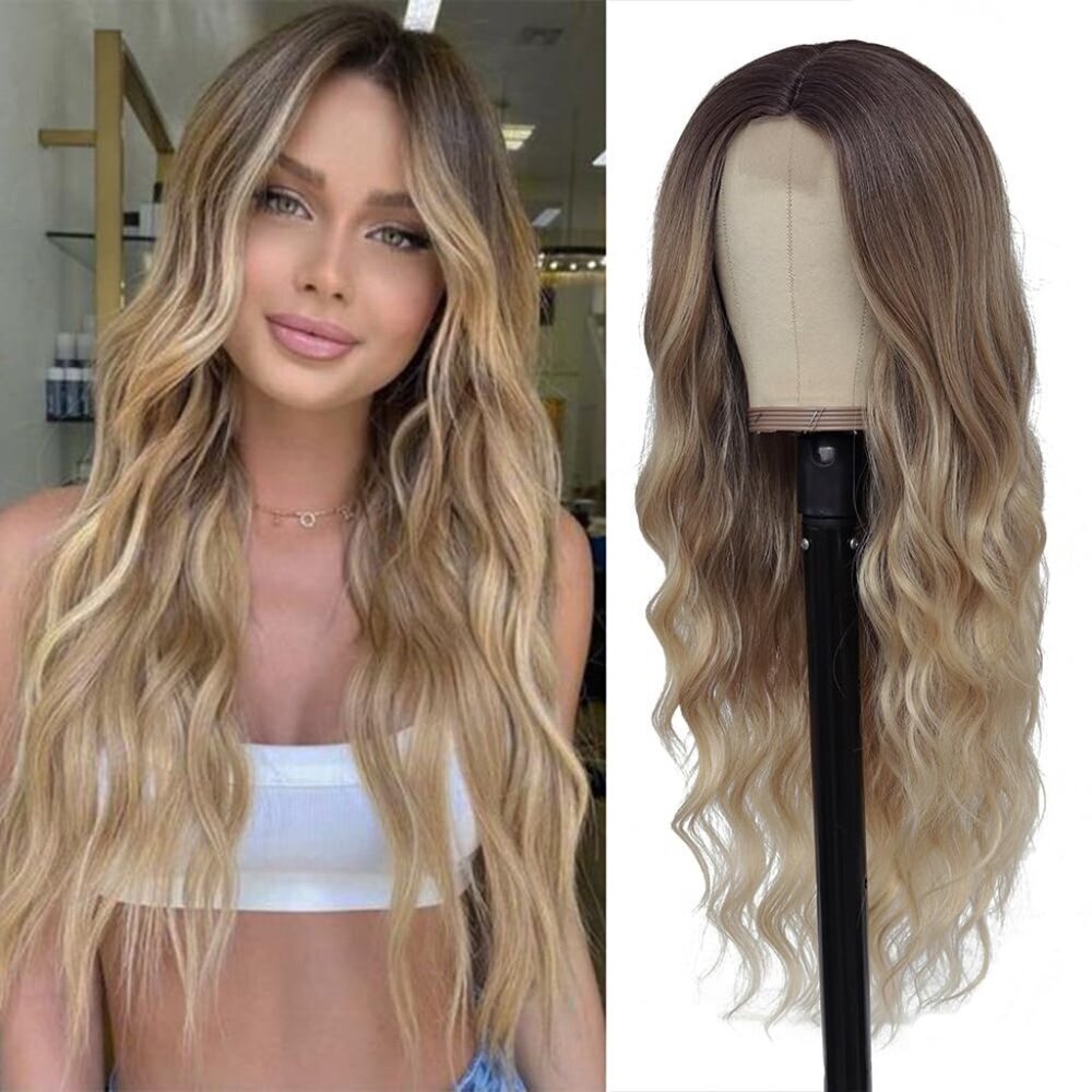Women's Brown Ombre Blonde 26 Inch Long Wavy Middle Part Upgraded Fiber Hair Wig